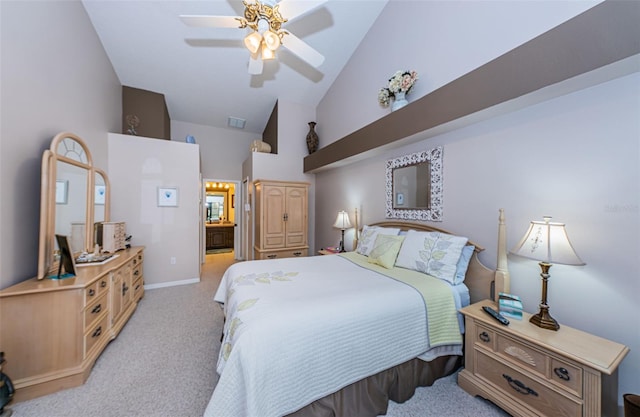9636 Brookdale Dr, New Port Richey, FL 34655 - bedroom featuring light colored carpet, high vaulted ceiling, baseboards, visible vents, and ceiling fan