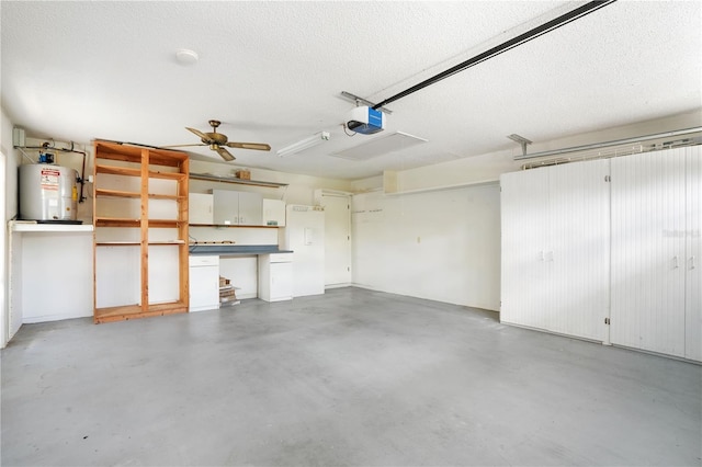 garage with a ceiling fan, water heater, and a garage door opener