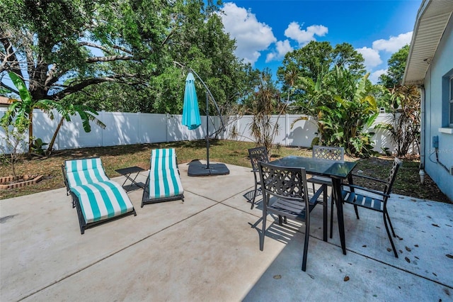 view of patio / terrace featuring a fenced backyard and outdoor dining area