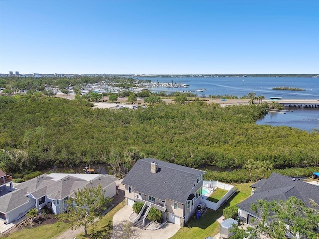 aerial view featuring a water view