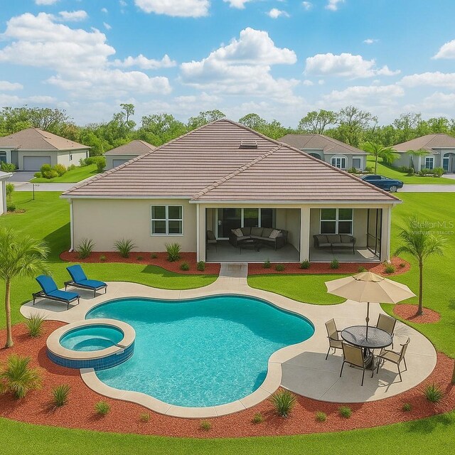 15912 42nd Gln E, Parrish, FL 34219 - view of swimming pool featuring a patio, outdoor lounge area, a lawn, and a pool with connected hot tub