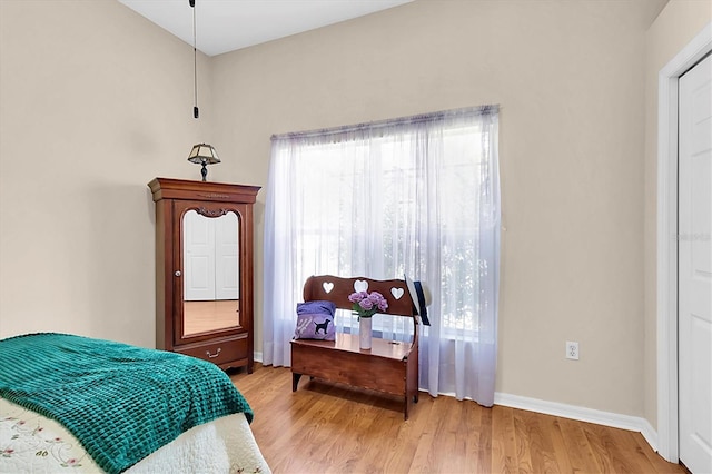 bedroom featuring multiple windows, wood finished floors, and baseboards