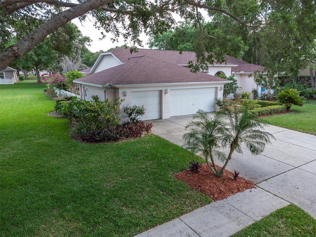 view of home's exterior with driveway, roof with shingles, stucco siding, a lawn, and a garage