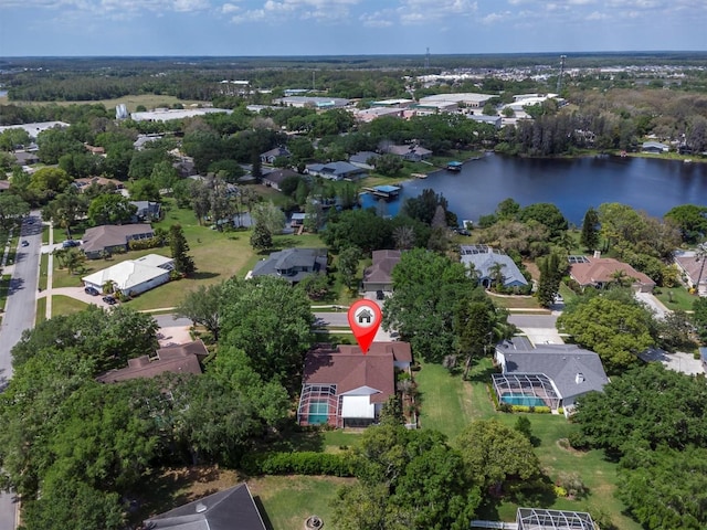 aerial view featuring a residential view and a water view