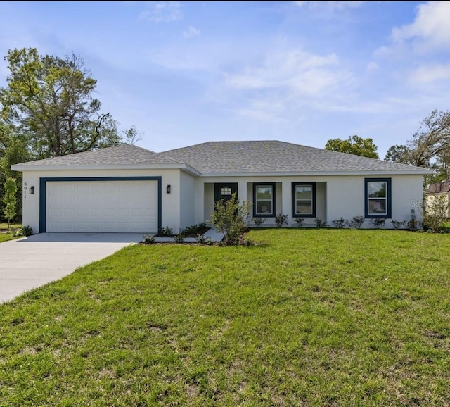 3416 Lema Dr, Spring Hill, FL 34609 - ranch-style home with concrete driveway, stucco siding, a front yard, a garage, and a shingled roof