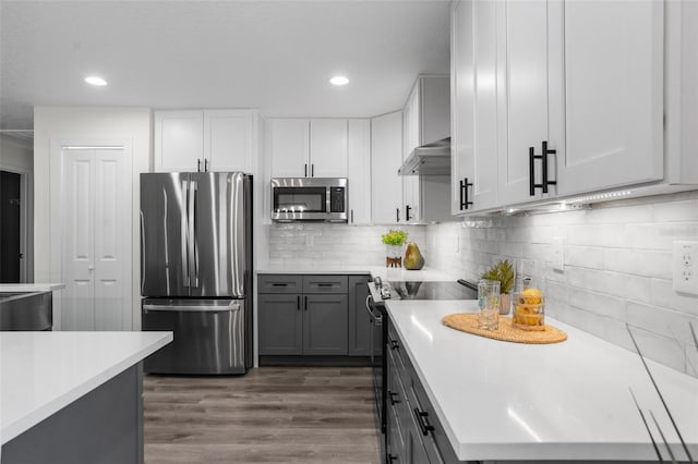 3416 Lema Dr, Spring Hill, FL 34609 - kitchen featuring light countertops, tasteful backsplash, range hood, dark wood finished floors, and appliances with stainless steel finishes