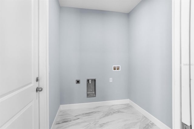 clothes washing area featuring washer hookup, marble finish floor, laundry area, and hookup for an electric dryer