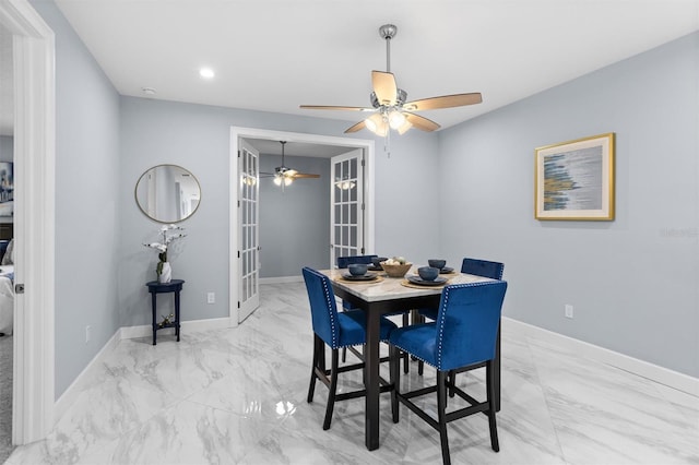 dining space featuring marble finish floor, baseboards, ceiling fan, and recessed lighting