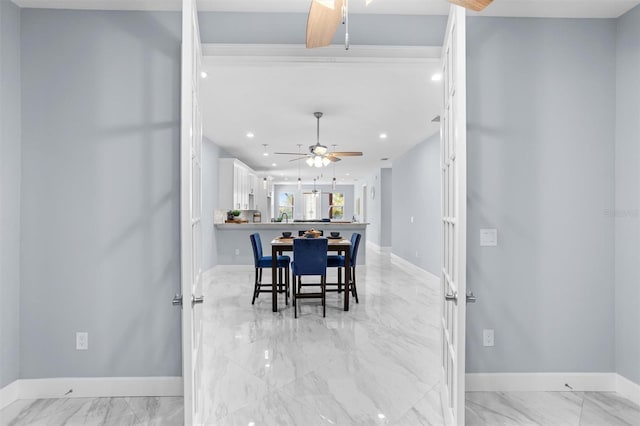 dining area featuring marble finish floor, baseboards, ceiling fan, and recessed lighting