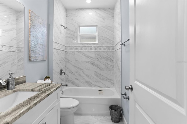 full bath with toilet, vanity,  shower combination, marble finish floor, and recessed lighting