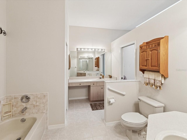 full bath with a bath, baseboards, toilet, tile patterned floors, and vanity