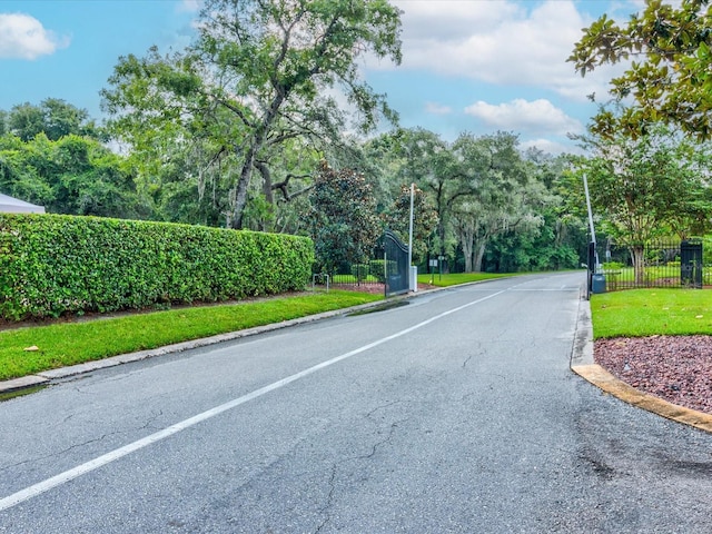 view of street with a gated entry and curbs