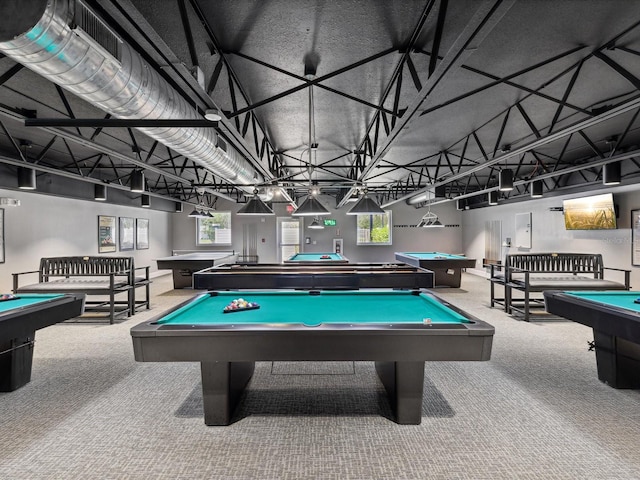 rec room with carpet floors, pool table, and a wealth of natural light