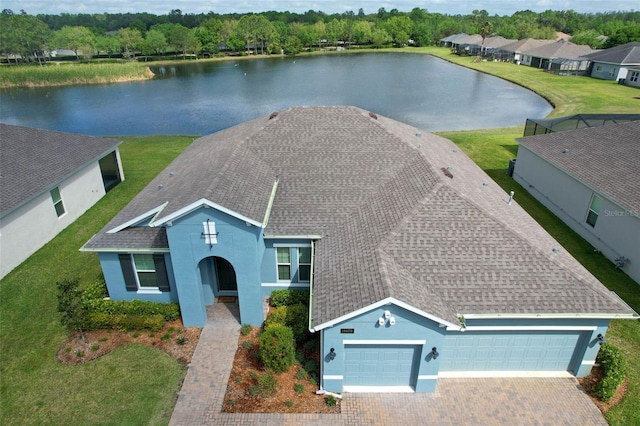 exterior space with a water view