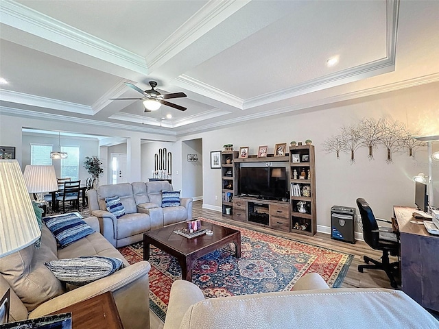 living room featuring crown molding, ceiling fan, wood finished floors, beam ceiling, and coffered ceiling