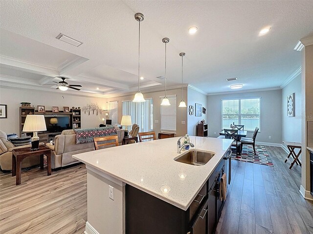 kitchen with visible vents, crown molding, a sink, light wood-style floors, and open floor plan