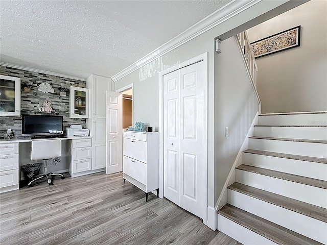 7382 SE Concord Pl, Hobe Sound, FL 33455 - office area with crown molding, a textured ceiling, built in study area, and light wood-type flooring