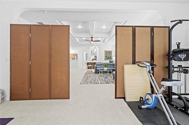 exercise room featuring coffered ceiling, carpet, ceiling fan, and recessed lighting