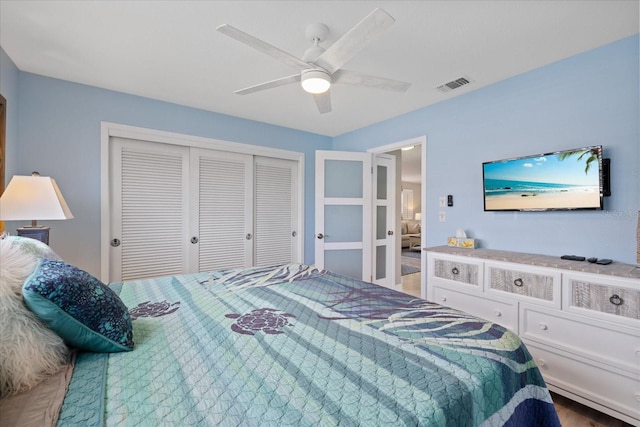 4400 Floramar Ter, New Port Richey, FL 34652 - bedroom with french doors, visible vents, ceiling fan, and a closet