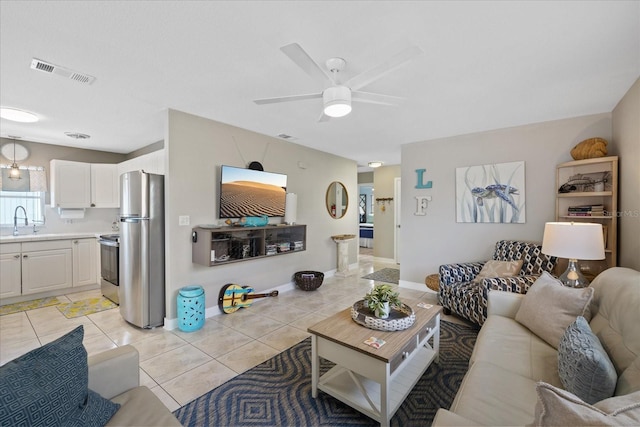 4400 Floramar Ter, New Port Richey, FL 34652 - living room with visible vents, ceiling fan, light tile patterned floors, and baseboards