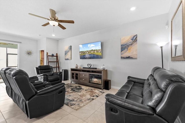 13338 Waterleaf Garden Cir, Riverview, FL 33579 - living room with a ceiling fan, light tile patterned flooring, and recessed lighting