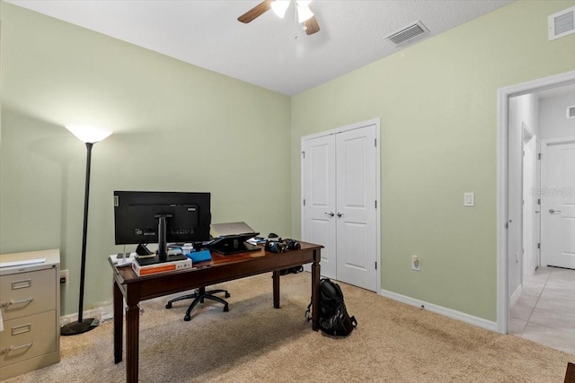 13338 Waterleaf Garden Cir, Riverview, FL 33579 - office area featuring light colored carpet, a ceiling fan, and baseboards