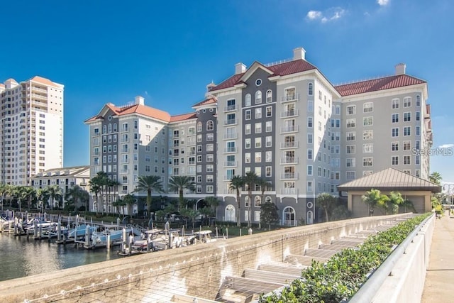 view of building exterior featuring a water view