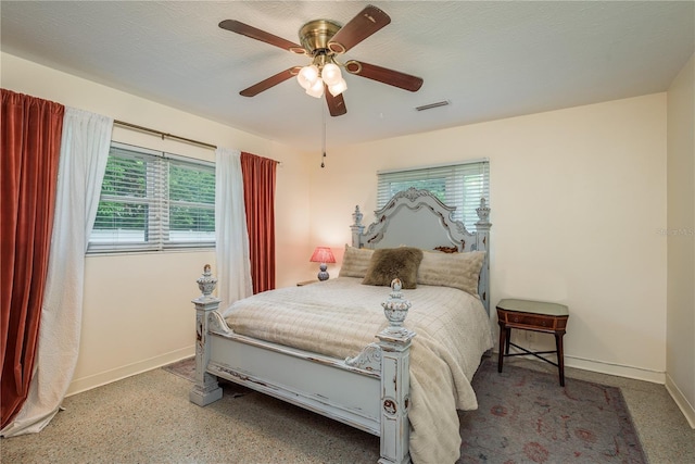 bedroom featuring visible vents, baseboards, a ceiling fan, a textured ceiling, and speckled floor