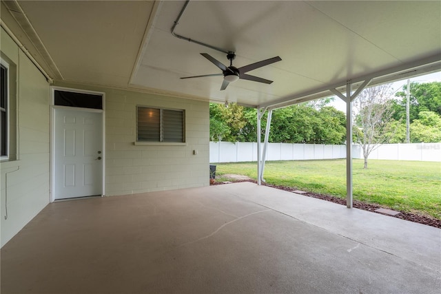 view of patio / terrace featuring a ceiling fan and fence