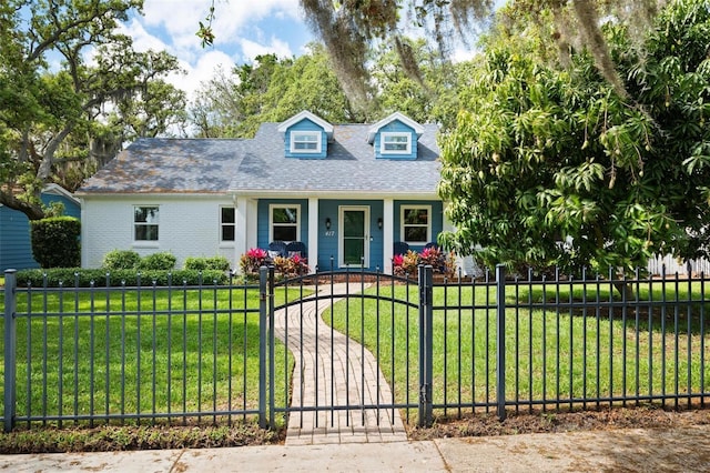 cape cod-style house featuring a porch, a shingled roof, a fenced front yard, and a front lawn
