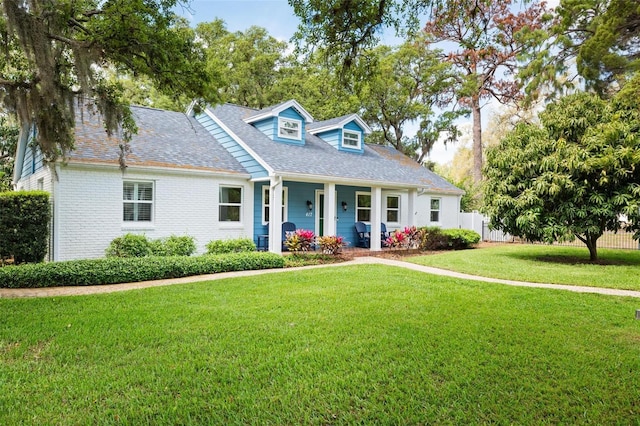 cape cod house featuring a porch, fence, brick siding, a front lawn, and roof with shingles