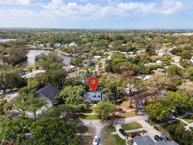 drone / aerial view featuring a water view