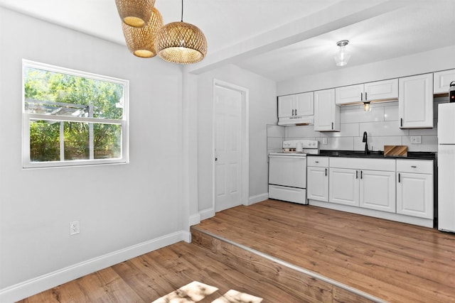 1309 45th St S, Saint Petersburg, FL 33711 - kitchen with under cabinet range hood, white appliances, light wood-style flooring, and dark countertops