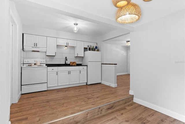 1309 45th St S, Saint Petersburg, FL 33711 - kitchen featuring a sink, white appliances, under cabinet range hood, light wood finished floors, and decorative backsplash