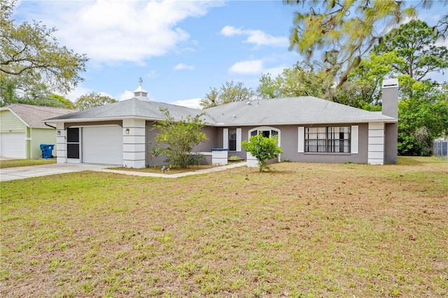 ranch-style house with stucco siding, a front lawn, a chimney, a garage, and concrete driveway