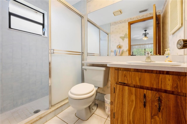 full bathroom with tile patterned flooring, visible vents, wallpapered walls, and a stall shower