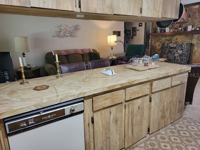 kitchen with butcher block countertops, dishwasher, light carpet, open floor plan, and light brown cabinets