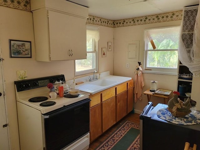 kitchen featuring dark wood finished floors, light countertops, plenty of natural light, and electric stove