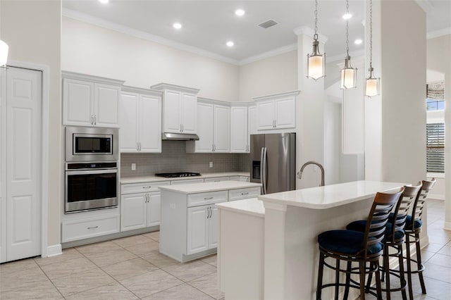 877 N Hunt Club Dr, Hernando, FL 34442 - kitchen featuring appliances with stainless steel finishes, a kitchen island with sink, under cabinet range hood, crown molding, and backsplash