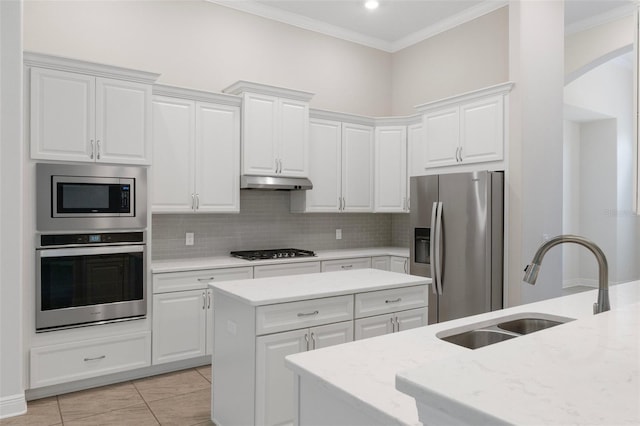 877 N Hunt Club Dr, Hernando, FL 34442 - kitchen featuring a sink, ornamental molding, under cabinet range hood, and stainless steel appliances