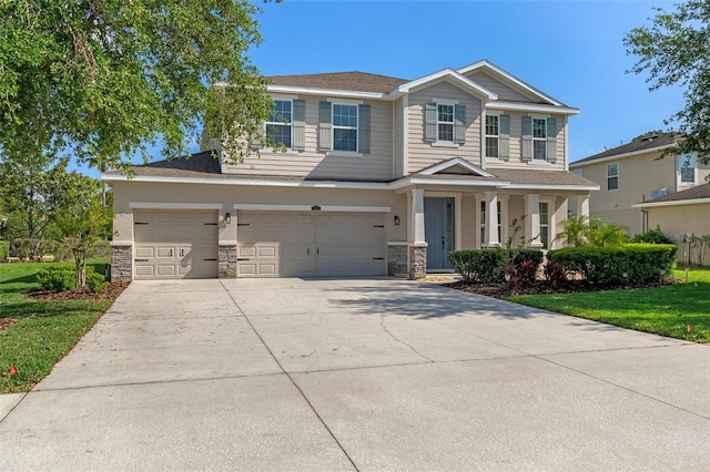 13619 Hunters Point St, Spring Hill, FL 34609 - craftsman inspired home with a garage, driveway, stone siding, and a front lawn