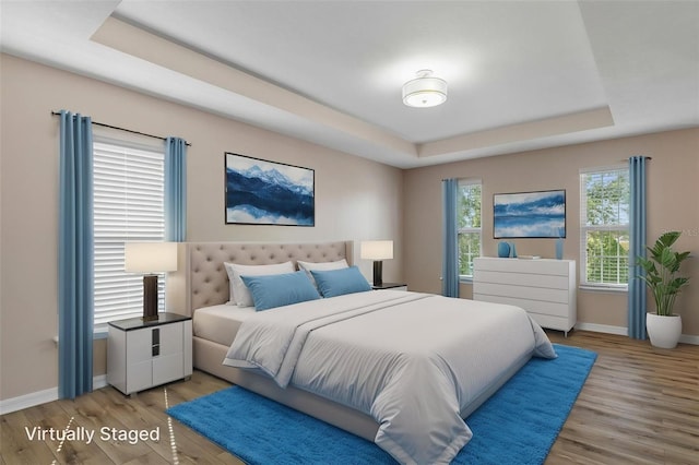 13619 Hunters Point St, Spring Hill, FL 34609 - bedroom featuring a tray ceiling, baseboards, and light wood-style flooring