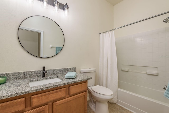 full bath with toilet, vanity, shower / bath combo, and tile patterned flooring