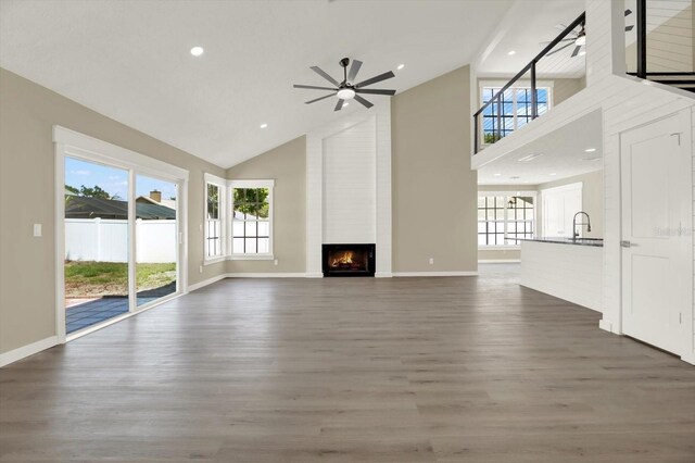 10423 Ashley Oaks Dr, Riverview, FL 33578 - unfurnished living room with dark wood-style floors, a ceiling fan, a sink, a large fireplace, and high vaulted ceiling