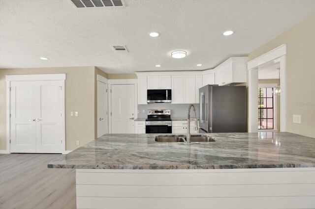 10423 Ashley Oaks Dr, Riverview, FL 33578 - kitchen with stainless steel appliances, a sink, visible vents, light wood-style floors, and light stone countertops
