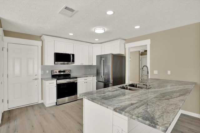 10423 Ashley Oaks Dr, Riverview, FL 33578 - kitchen featuring a sink, stainless steel appliances, light wood-style flooring, light stone countertops, and visible vents