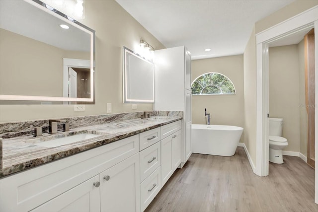 10423 Ashley Oaks Dr, Riverview, FL 33578 - bathroom with wood finished floors, a sink, double vanity, and toilet