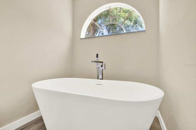 10423 Ashley Oaks Dr, Riverview, FL 33578 - full bath with a freestanding tub, wood finished floors, and baseboards