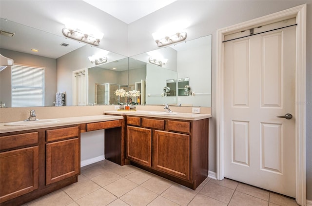 full bathroom featuring double vanity, visible vents, a shower stall, a sink, and tile patterned floors