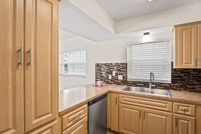 kitchen with a sink, light brown cabinetry, stainless steel dishwasher, and backsplash